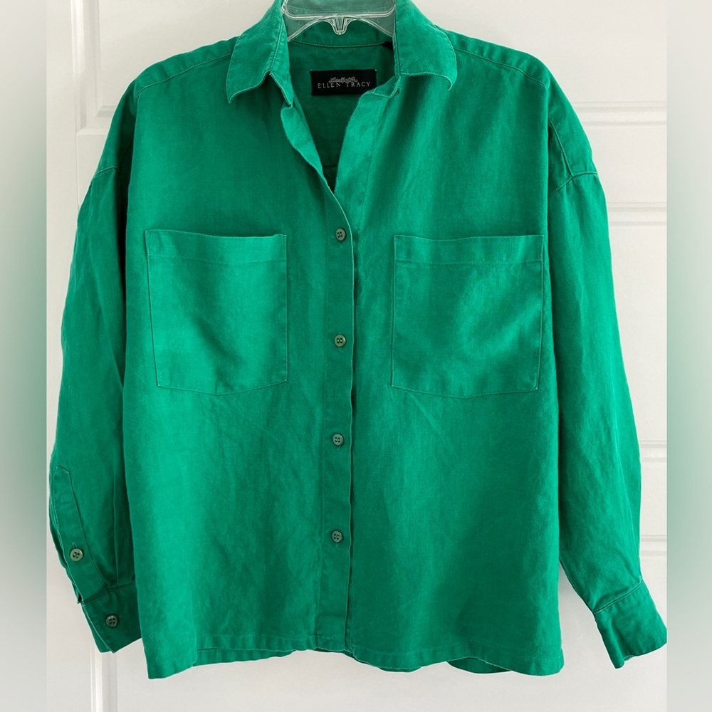 EllenTracy 100% Linen Kelly Green Button Up Shirt Blouse Lagenlook Coastal Sz XL